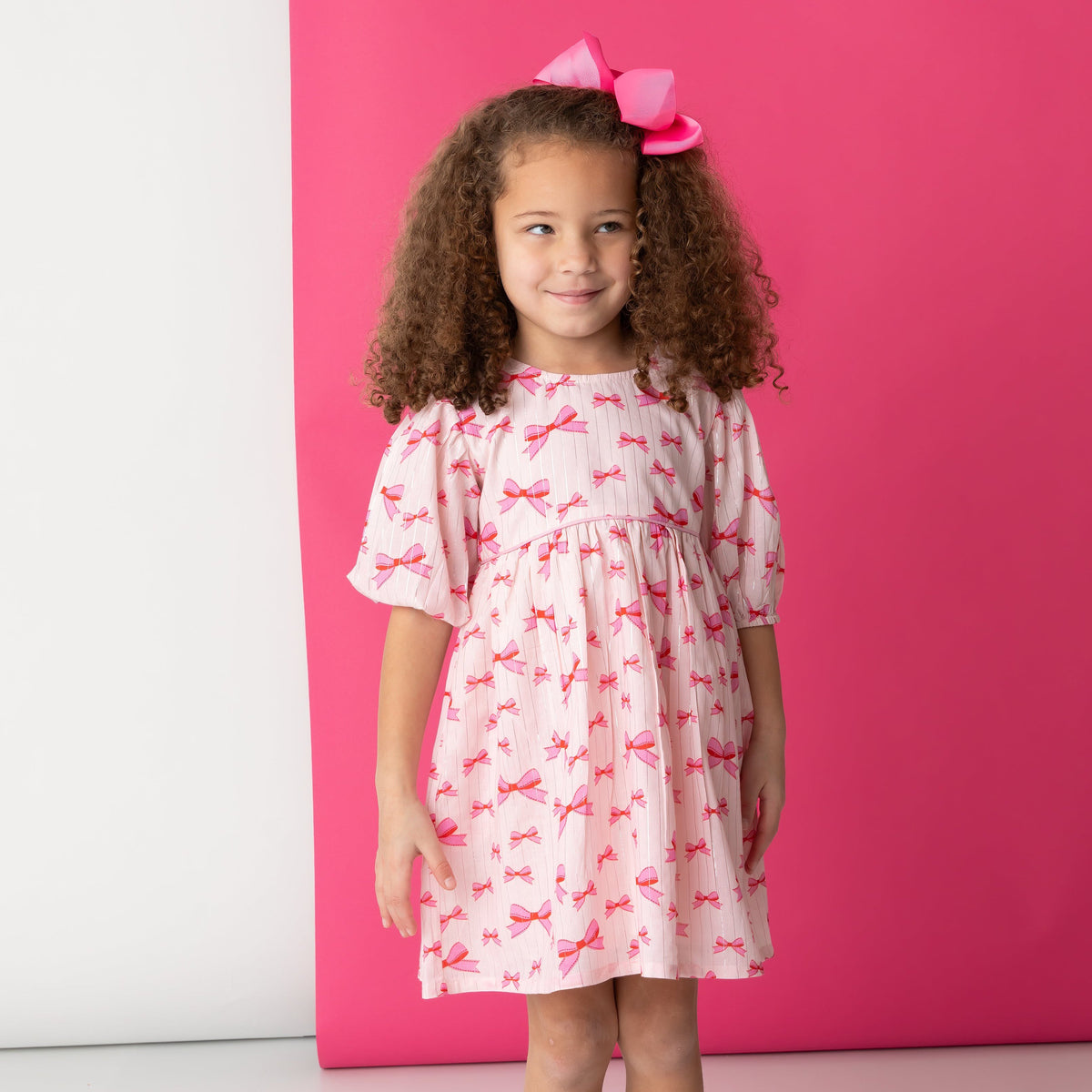 Pink Bows Puff Sleeve Dress in Lurex