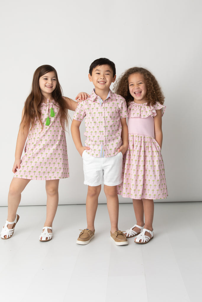 Pink Palms Mixed Fabric Ruffle Dress – TukTuk Designs