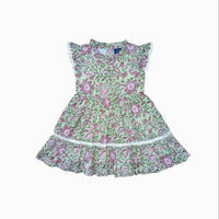 Green block print dress with pink flowers, ruffle sleeves and lace detail