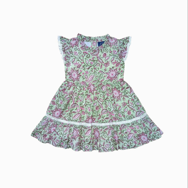 Green block print dress with pink flowers, ruffle sleeves and lace detail