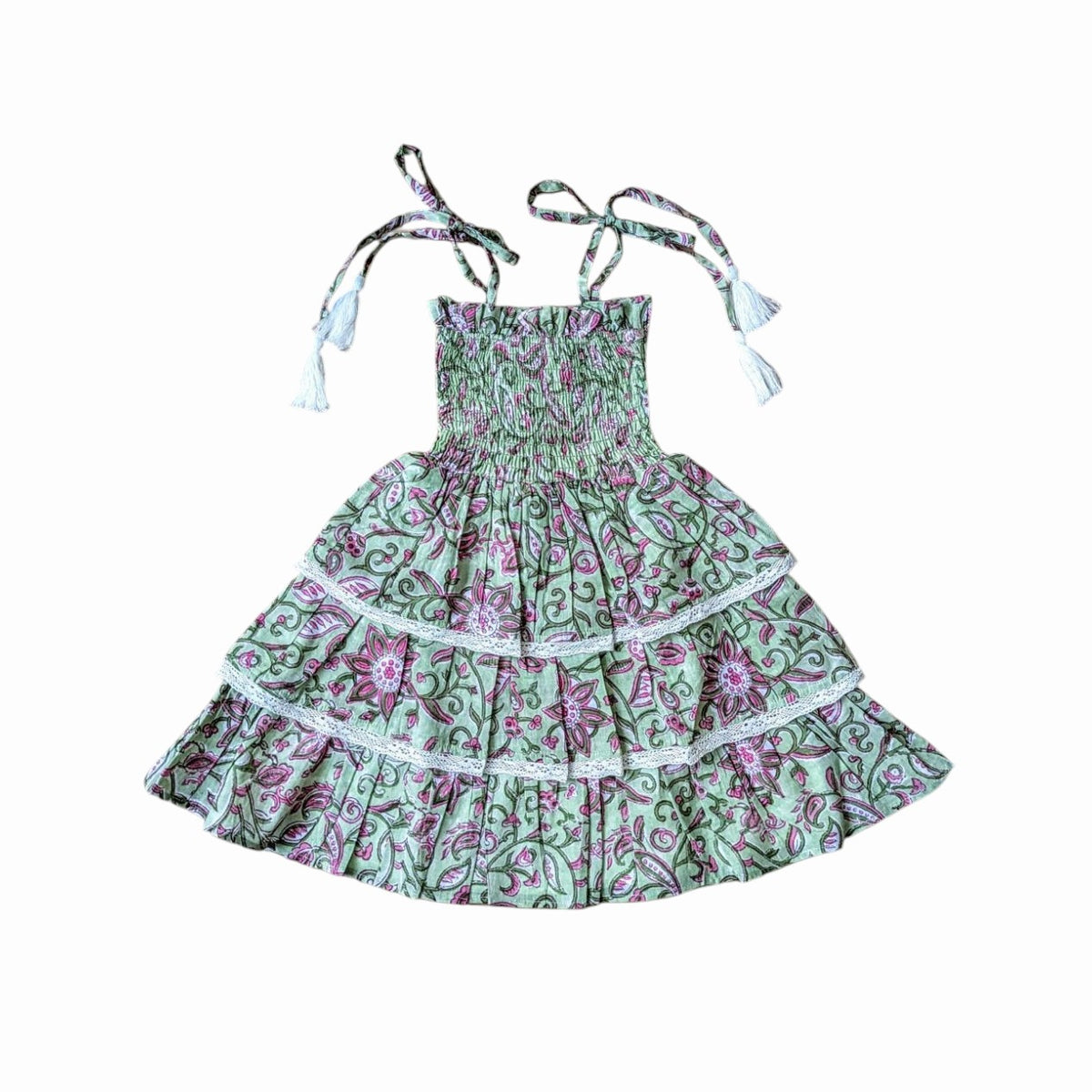 Smock Bodice Tiered Dress Block Print Bloom