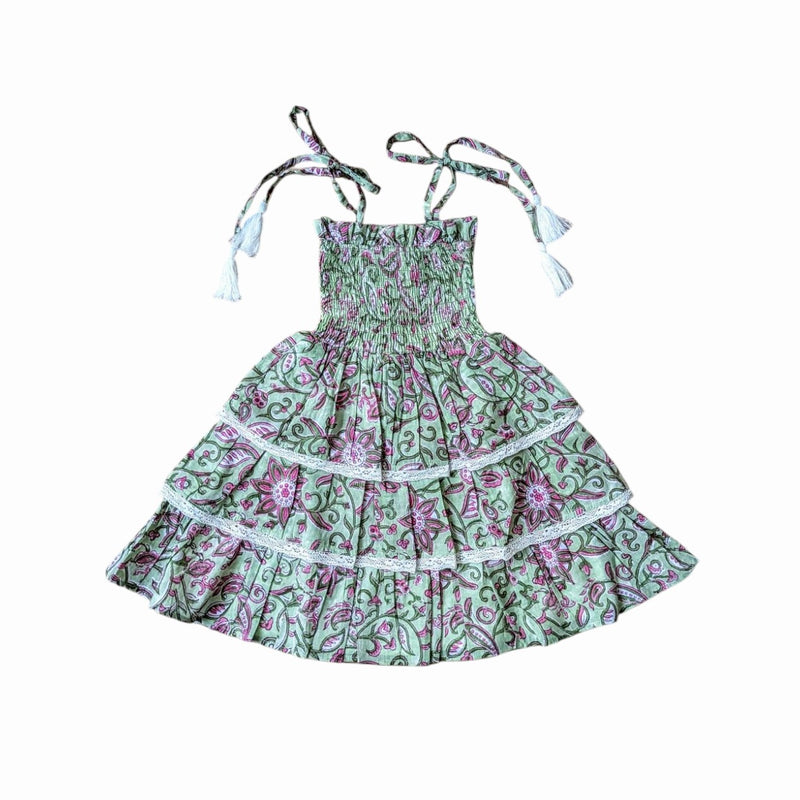 Smock Bodice Tiered Dress Block Print Bloom