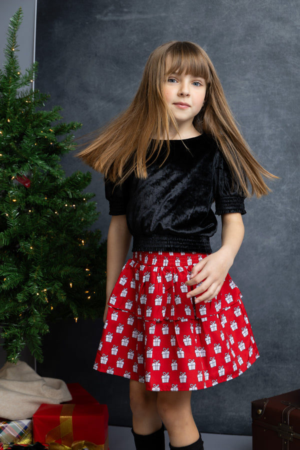 Holiday Presents Smocked Waist Tiered Skirt