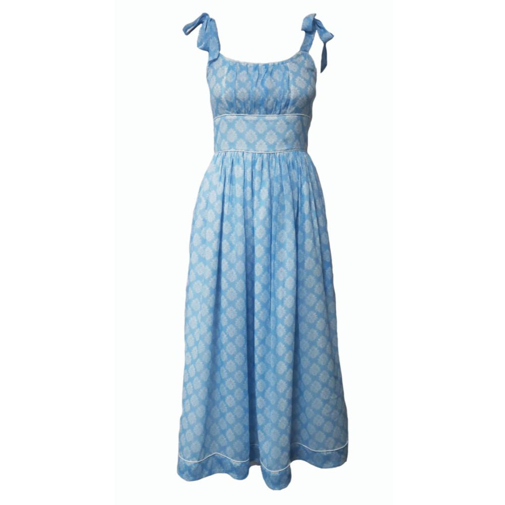 Women's Shirred Dress in Blue Block Print XL