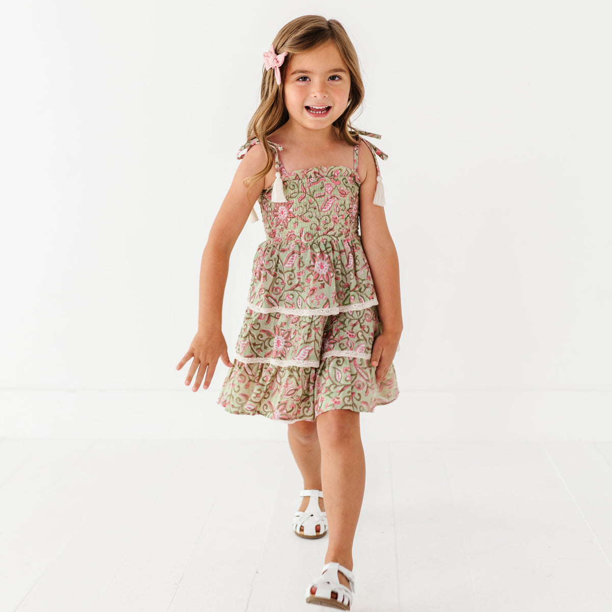 Smock Bodice Tiered Dress Block Print Bloom
