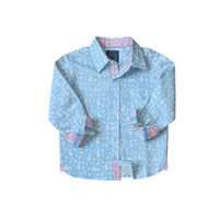 Light blue children's Easter shirt with pink accents on a white background