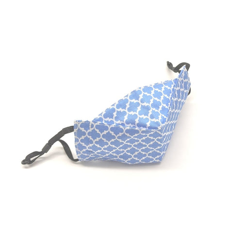 TukTuk Designs unique shaped 3D face masks in 100% cotton are created for maximum coverage and comfort. Stay safe and stylish in the Blue Moroccan Damask print available in children and mommy and me sizes.