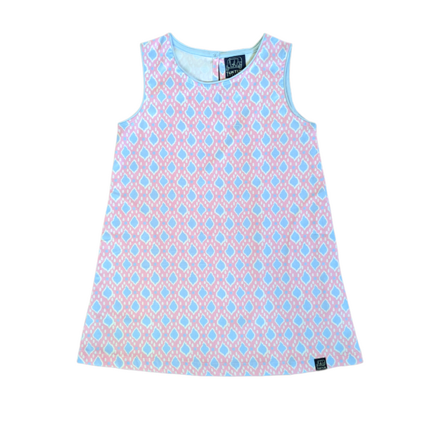 Preppy pink Ikat print shift dress in 100% cotton. Perfect for spring and available in matching sibling shirt and daddy and me shirt.