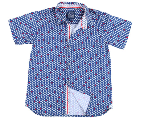 TukTuk Designs short sleeve blue nautical shirt in sailboat print with contrast collar, cuff and placket. Available in matching daddy and me size.