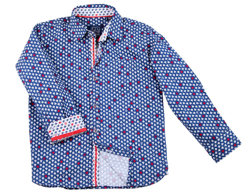 TukTuk Designs long sleeve blue nautical shirt in sailboat print with contrast collar, cuff and placket. Available in matching daddy and me size.