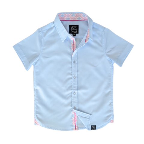 Blue Shirt with Pink Ikat Trim in Short Sleeves