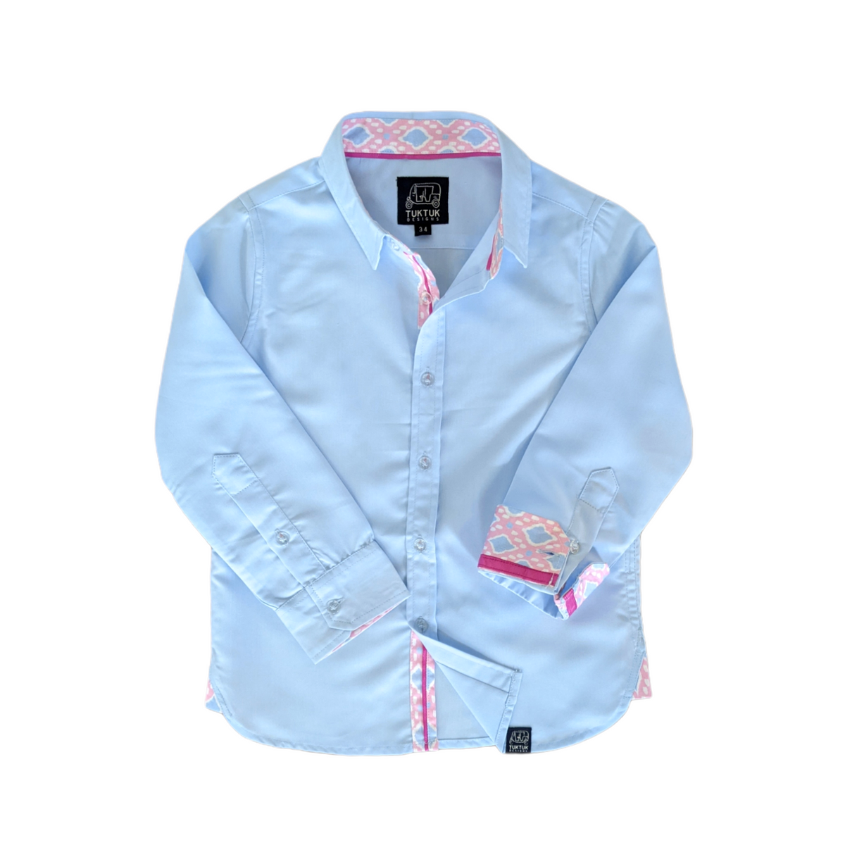 Blue Shirt with Pink Ikat Trim in Long Sleeves