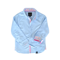 Blue Shirt with Pink Ikat Trim in Long Sleeves