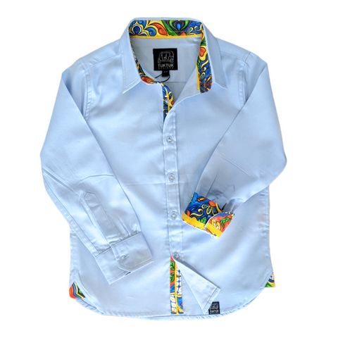 TukTuk Designs twist on the classic blue shirt featuring a beautiful suprising pop of color on the collar, placket and cuff, all tailored in 100% cotton. Available in matching sibling dresses and matching scarf for mom.