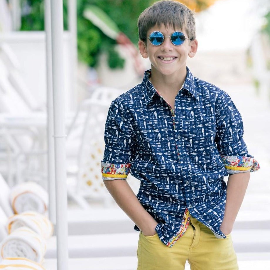 TukTuk Designs boys long sleeve blue fish shirt with colorful trim details. 