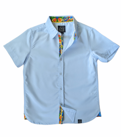 Blue Shirt with Majolica Trim in Short Sleeves