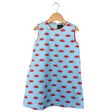 TukTuk Designs Chilli Crab girls blue shift dress in playful red crab print with red trim and side pockets. Available matching boys, sibling shirt .