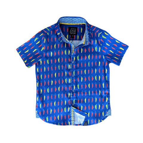 TukTuk Designs short sleeve boys shirt in a fun pepper print to heat things up