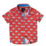 TukTuk Designs Dinosaur shirts in Orange featuring life like Stegasauruses are sure to be every boys' favorite! Beautfully crafted in 100% cotton with collar and placket details.  Also available in matching sibling Dinosaur dress.
