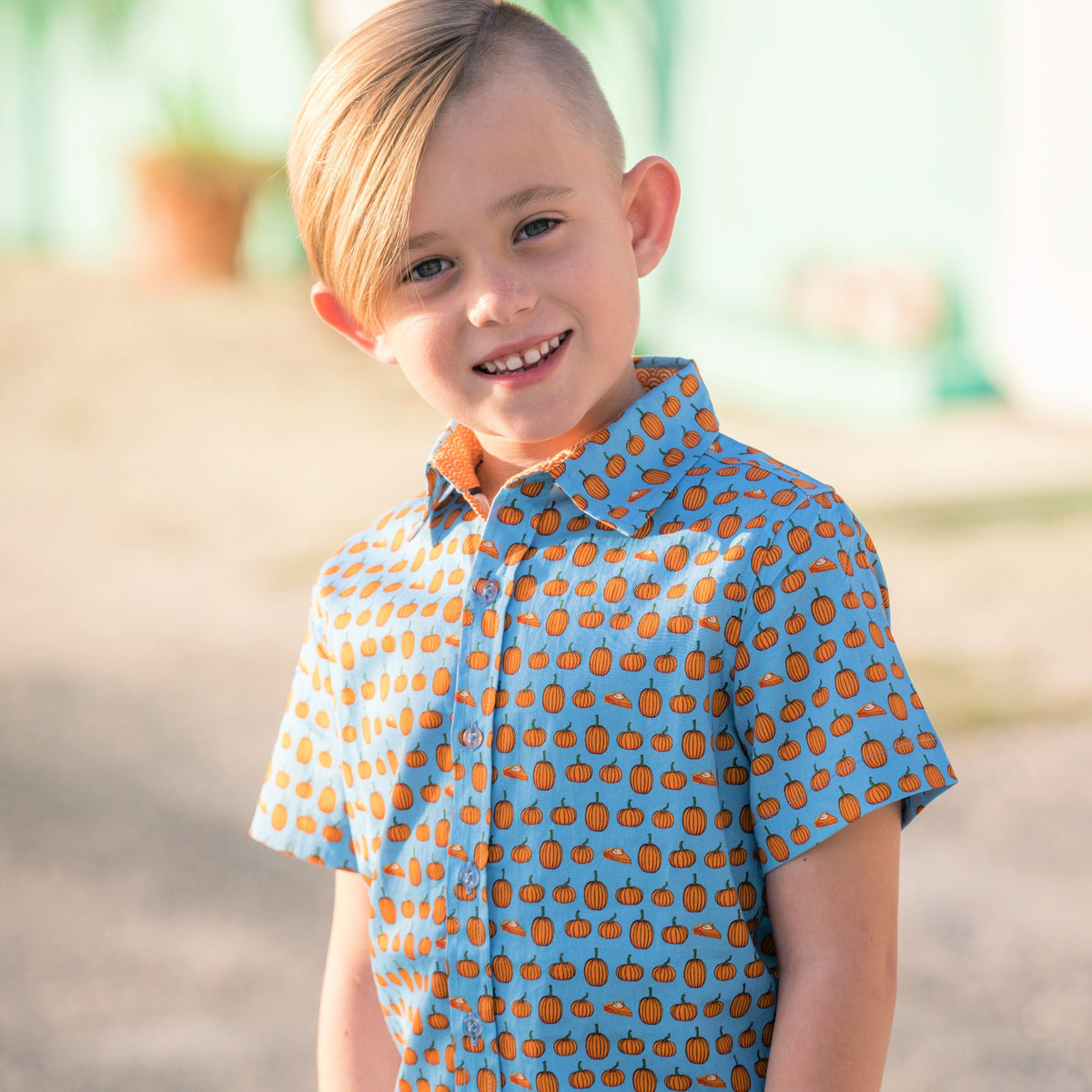 TukTuk Designs matching Pumpkin Pies print in ruffle slee dress for girls and short sleeve shirt for boys. Perfect for Back to school or pumpkin picking