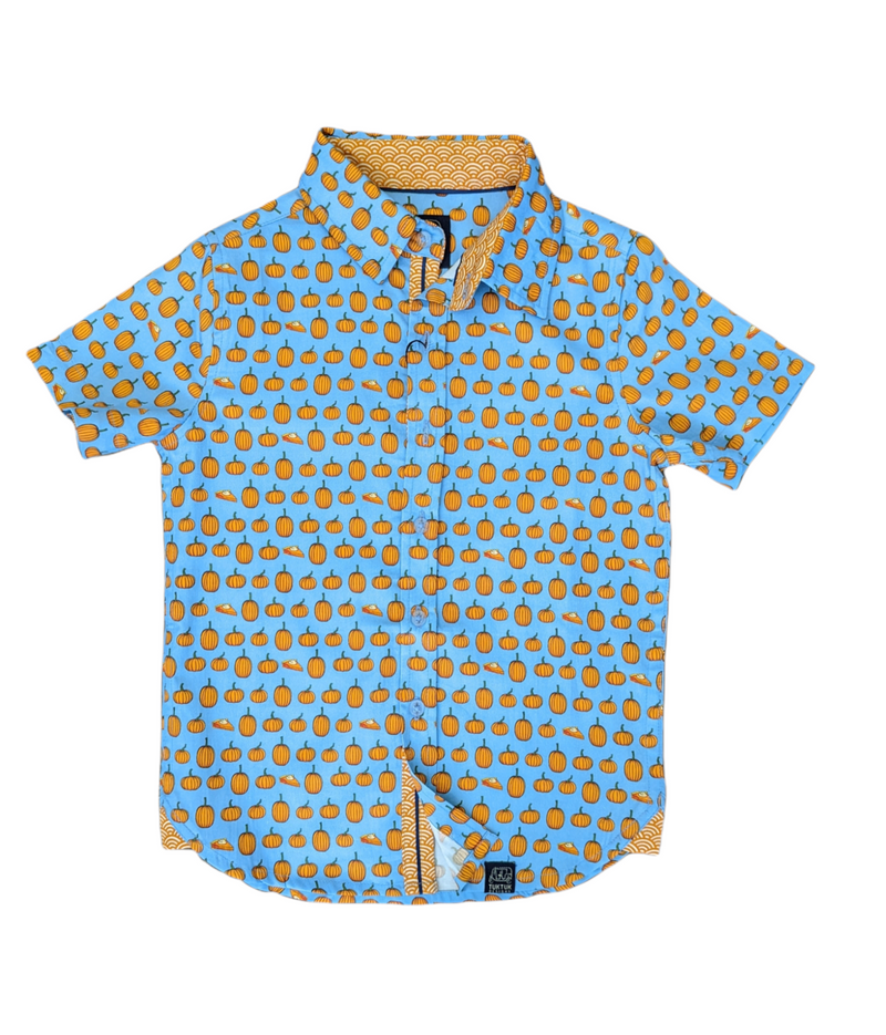 TukTuk Designs matching Pumpkin Pies print in ruffle slee dress for girls and short sleeve shirt for boys. Perfect for Back to school or pumpkin picking