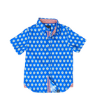 Blue short sleeve shirt with snowglobes print and contrast trims. Perfect for holiday travels