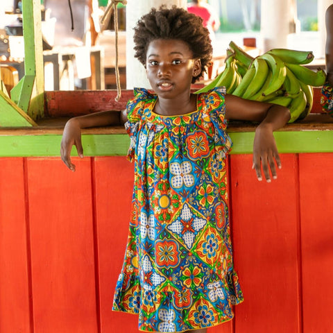 TukTuk Designs Italian tile print is a statement piece. This colorful flutter sleeve dress made of 100% soft viscose is guaranteed to be a show stopper! 