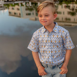 TukTuk Designs Goldfish print shirt in 100% cotton features details on the collar and placket. Also available in matching sibling dress. 