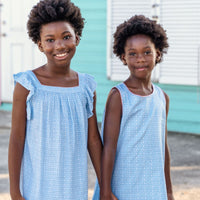 TukTuk Designs Greek Key print in blue dress is a staple for the summer. The flutter sleeve dress is made of 100% soft viscose and totally twirl worthy! Also available in matching sibling shirt. 