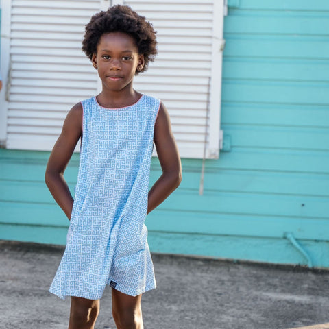 TukTuk Designs shift dress in Greek Key blue print is a classic and a summer staple. Made with 100% cotton it features contrast trim details. It is also availabe in matching sibling boys shirt.