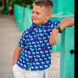 Adorable labs on a blue and white preppy shirt. Beautfully crafted in 100% cotton with collar and placket details. A favorite of every boy. Also available in matching sibling lab dress. 