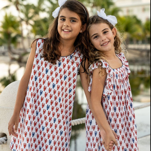 TukTuk Designs preppy Lobster print shift dress perfect for the summers. Made with 100% cotton and available in matching sibling sets of girls dresses and boys shirts