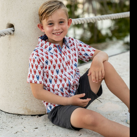 TukTuk Designs preppy Lobster crawfish print shirt with collar and placket trim details perfect for the summers. Made with 100% cotton and available in matching sibling sets of girls dresses.