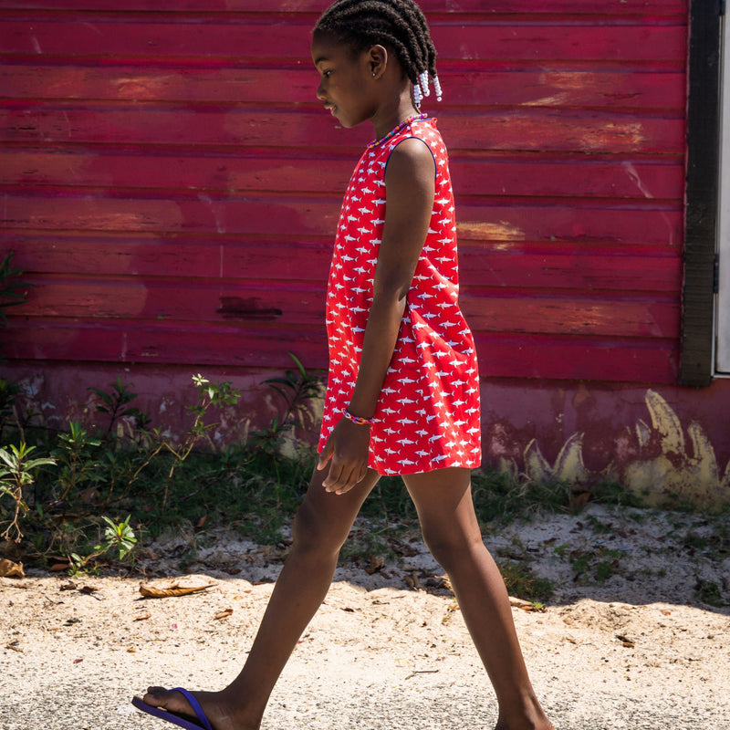 TukTuk Designs girls nautical red shift dress with white shark print and blue trim with two side pockets. Available matching boys, sibling shirt .