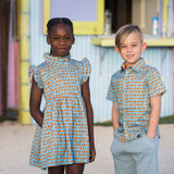 TukTuk Designs matching Pumpkin Pies print in ruffle slee dress for girls and short sleeve shirt for boys. Perfect for Back to school or pumpkin picking