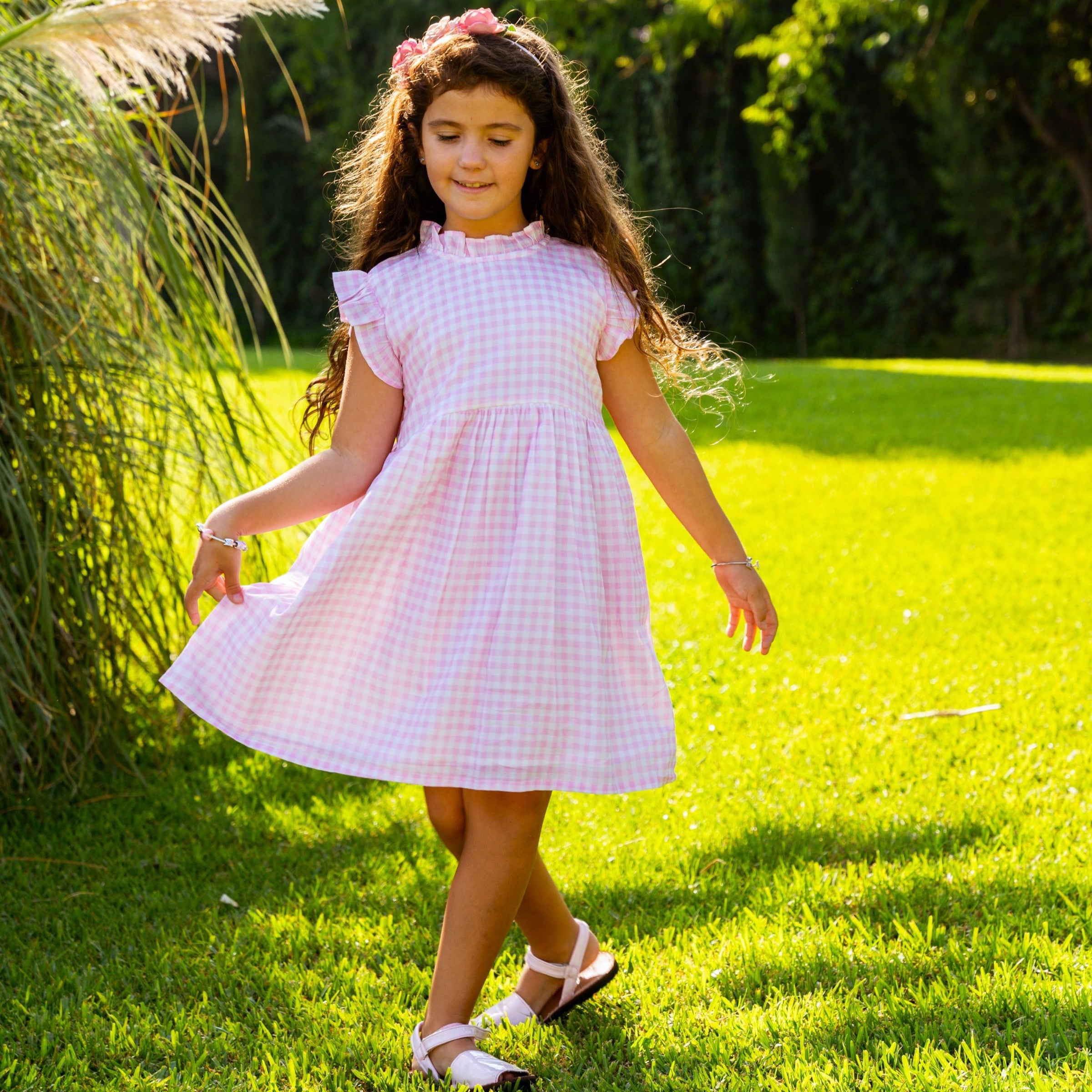 pink gingham ruffle dress Berry Gingham Cap Sleeve Ruffle Dress MD