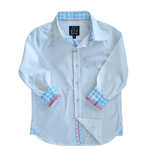 White Shirt with Blue Gingham Trim in Long Sleeves