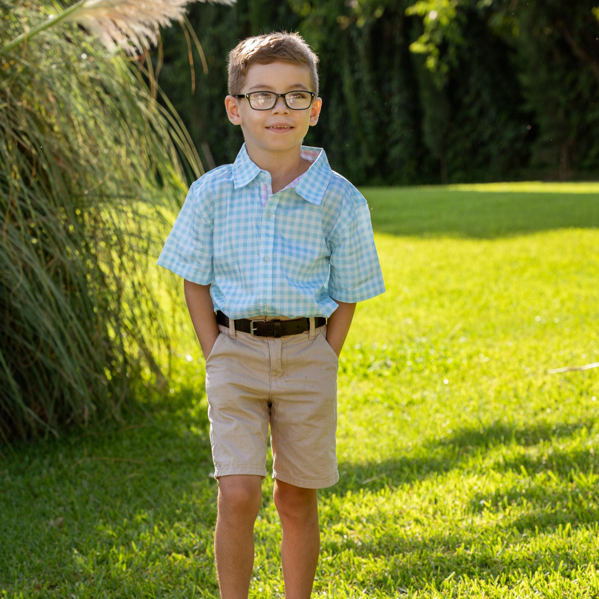 Gingham Blue Shirt in Short Sleeves