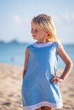 TukTuk Designs girls classic shift dress in ocean blue with white trims and side pockets. Perfect for the beach, play dates and everyday.