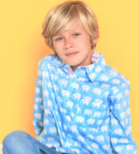 TukTuk Designs Boys long sleeve tailored shirts in blue elephant print with contrast pink gingham trim. Perfect for beach vacations, resorts and easter.