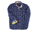 TukTuk Designs boys long sleeve blue fish shirt with colorful trim details. 