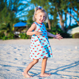 TukTuk Designs Chilli Crab girls blue shift dress in playful red crab print with red trim and side pockets. Available matching boys, sibling shirt .