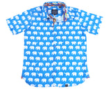 TukTuk Designs Boys short sleeve tailored, button up shirt in bright blue elephant print with colorful paisley trim.
