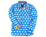 TukTuk Designs Boys long sleeve tailored, button up  shirt in bright blue elephant print with colorful paisley trim.