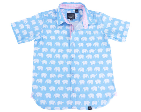 TukTuk Designs Boys short sleeve tailored shirts in blue elephant print with contrast pink gingham trim. Perfect for beach vacations, resorts and easter.