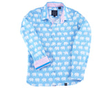 TukTuk Designs Boys long sleeve tailored shirts in blue elephant print with contrast pink gingham trim. Perfect for beach vacations, resorts and easter.