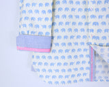 TukTuk Designs Mandarin collar boys shirt in blue elephant print with contrast chambray collar, cuff and placket. Available in daddy & me style.