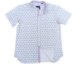 TukTuk Designs Mandarin collar boys short sleeve shirt in blue elephant print with contrast chambray collar, cuff and placket. Available in daddy & me style.
