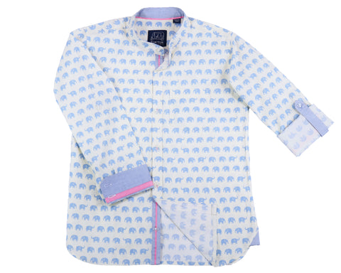 TukTuk Designs Mandarin collar boys shirt in blue elephant print with contrast chambray collar, cuff and placket. Available in daddy & me style.