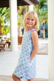 Dinosaur shift dress in detailed stegosaurus print for the dino loving little girl. 100% cotton with contrast trims and side pockets. Also available in matching sibling shirt 